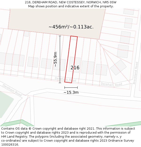 216, DEREHAM ROAD, NEW COSTESSEY, NORWICH, NR5 0SW: Plot and title map