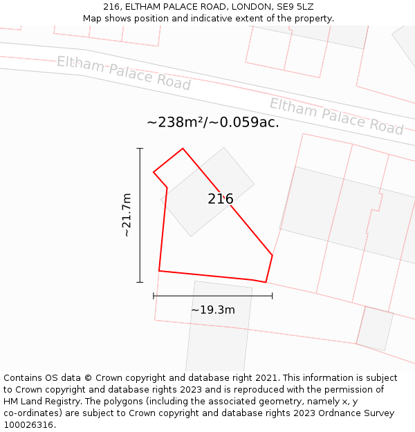 216, ELTHAM PALACE ROAD, LONDON, SE9 5LZ: Plot and title map