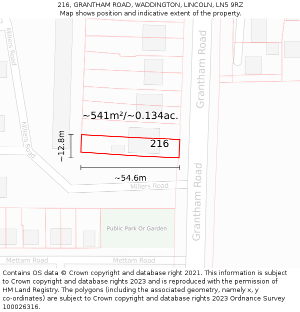 216, GRANTHAM ROAD, WADDINGTON, LINCOLN, LN5 9RZ: Plot and title map