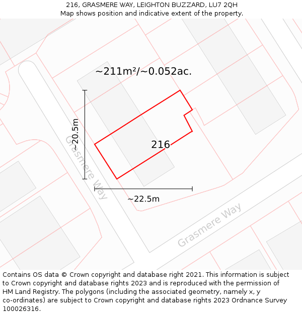 216, GRASMERE WAY, LEIGHTON BUZZARD, LU7 2QH: Plot and title map