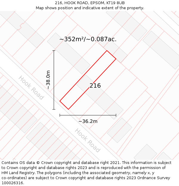 216, HOOK ROAD, EPSOM, KT19 8UB: Plot and title map