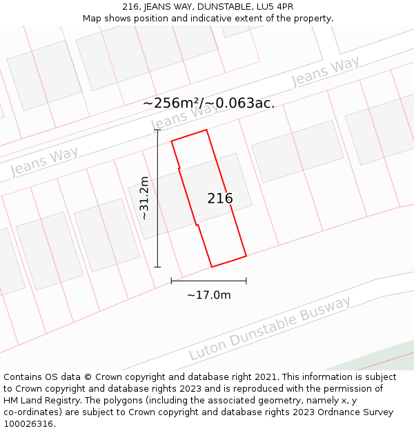 216, JEANS WAY, DUNSTABLE, LU5 4PR: Plot and title map