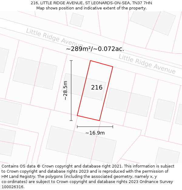 216, LITTLE RIDGE AVENUE, ST LEONARDS-ON-SEA, TN37 7HN: Plot and title map