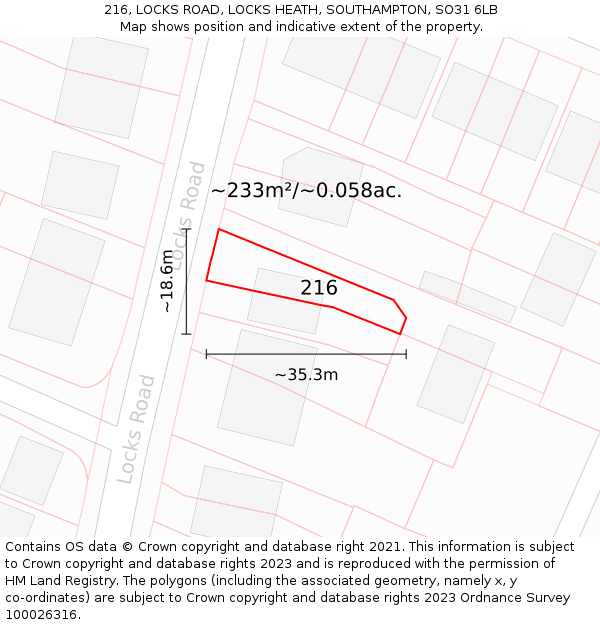 216, LOCKS ROAD, LOCKS HEATH, SOUTHAMPTON, SO31 6LB: Plot and title map