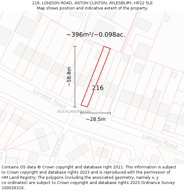 216, LONDON ROAD, ASTON CLINTON, AYLESBURY, HP22 5LE: Plot and title map