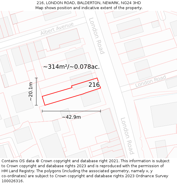 216, LONDON ROAD, BALDERTON, NEWARK, NG24 3HD: Plot and title map