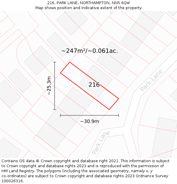 216, PARK LANE, NORTHAMPTON, NN5 6QW: Plot and title map