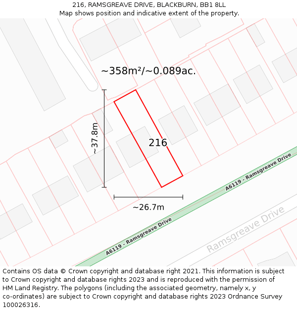 216, RAMSGREAVE DRIVE, BLACKBURN, BB1 8LL: Plot and title map