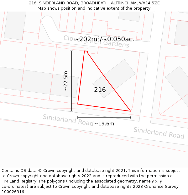 216, SINDERLAND ROAD, BROADHEATH, ALTRINCHAM, WA14 5ZE: Plot and title map