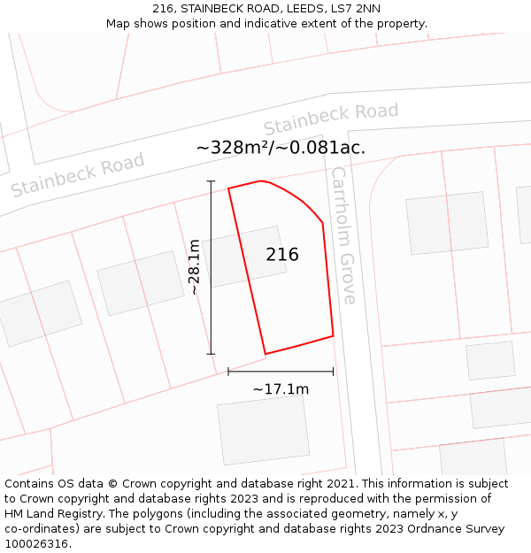 216, STAINBECK ROAD, LEEDS, LS7 2NN: Plot and title map