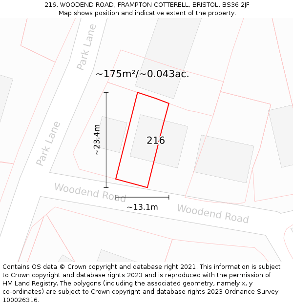 216, WOODEND ROAD, FRAMPTON COTTERELL, BRISTOL, BS36 2JF: Plot and title map