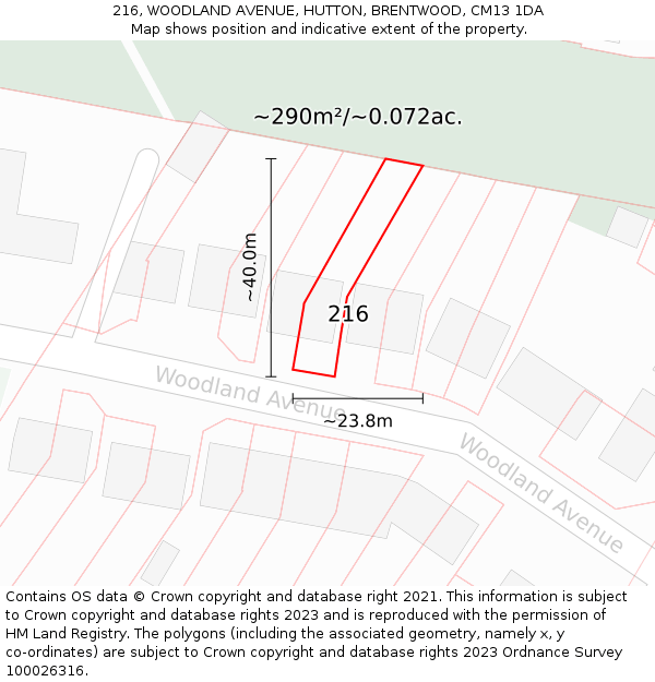 216, WOODLAND AVENUE, HUTTON, BRENTWOOD, CM13 1DA: Plot and title map