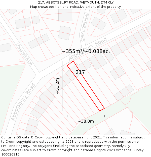 217, ABBOTSBURY ROAD, WEYMOUTH, DT4 0LY: Plot and title map