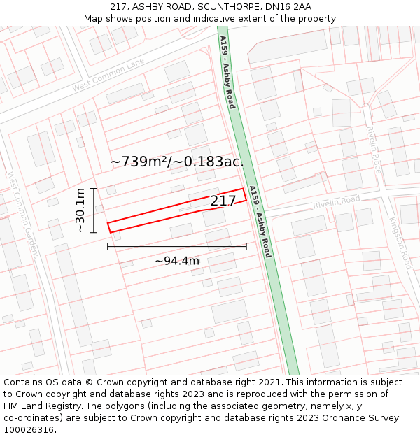 217, ASHBY ROAD, SCUNTHORPE, DN16 2AA: Plot and title map