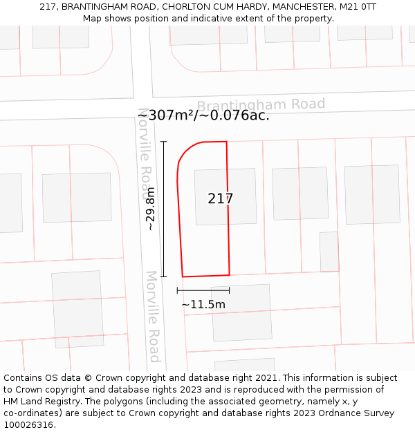 217, BRANTINGHAM ROAD, CHORLTON CUM HARDY, MANCHESTER, M21 0TT: Plot and title map