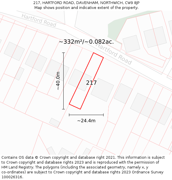 217, HARTFORD ROAD, DAVENHAM, NORTHWICH, CW9 8JP: Plot and title map