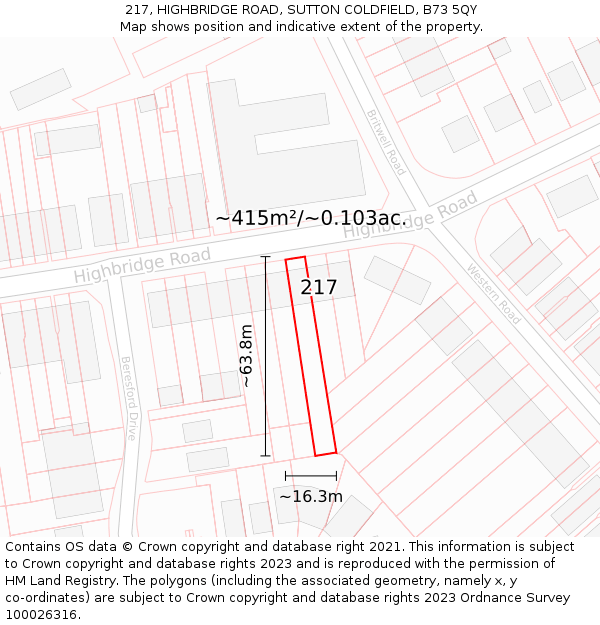 217, HIGHBRIDGE ROAD, SUTTON COLDFIELD, B73 5QY: Plot and title map