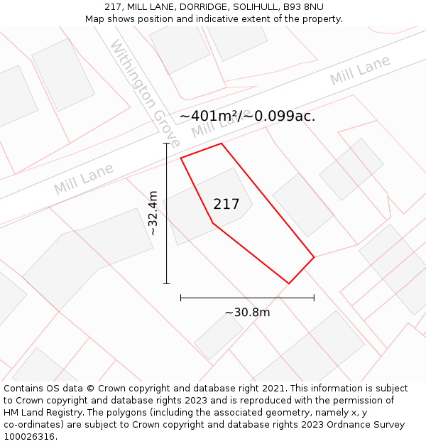 217, MILL LANE, DORRIDGE, SOLIHULL, B93 8NU: Plot and title map