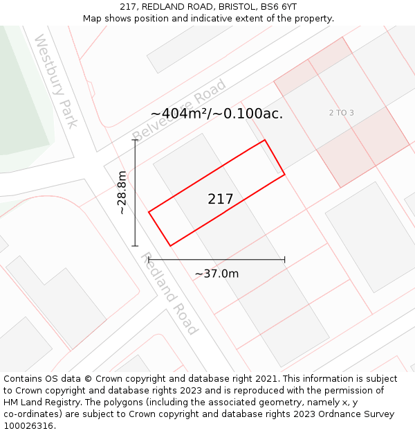 217, REDLAND ROAD, BRISTOL, BS6 6YT: Plot and title map