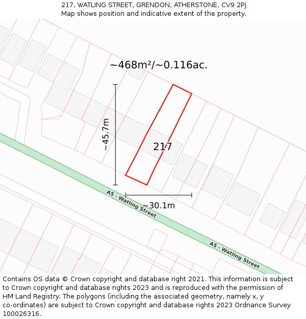 217, WATLING STREET, GRENDON, ATHERSTONE, CV9 2PJ: Plot and title map