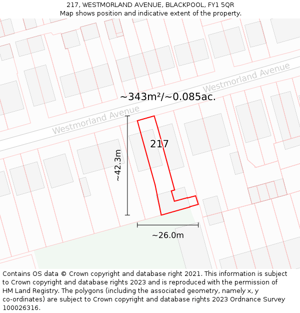 217, WESTMORLAND AVENUE, BLACKPOOL, FY1 5QR: Plot and title map