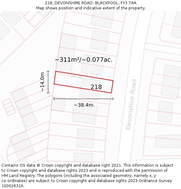 218, DEVONSHIRE ROAD, BLACKPOOL, FY3 7AA: Plot and title map