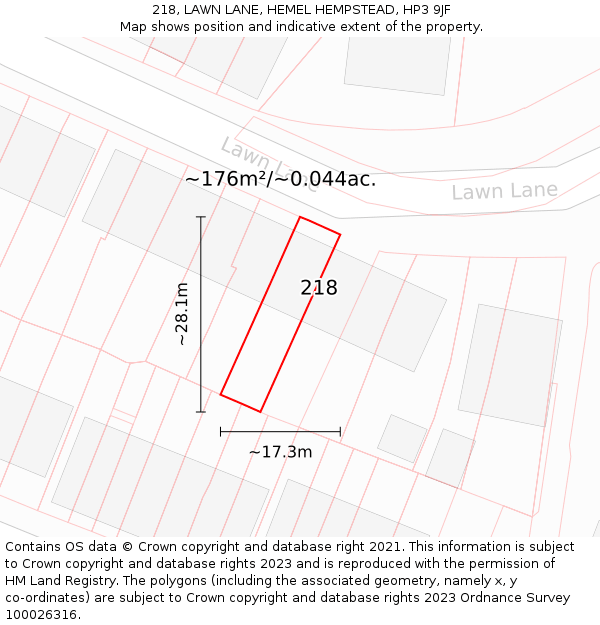 218, LAWN LANE, HEMEL HEMPSTEAD, HP3 9JF: Plot and title map