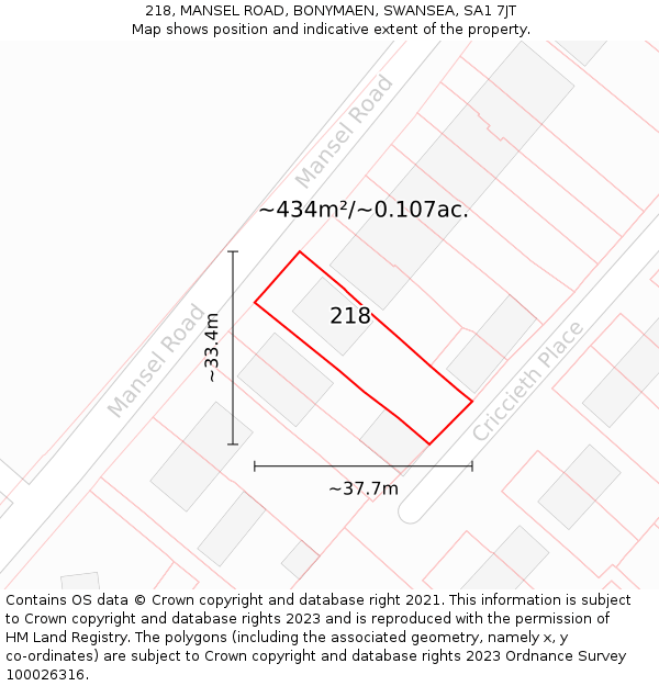 218, MANSEL ROAD, BONYMAEN, SWANSEA, SA1 7JT: Plot and title map