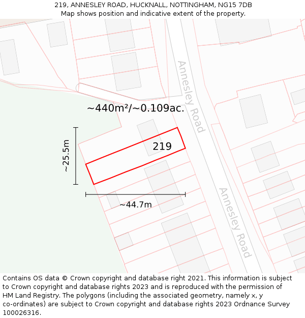 219, ANNESLEY ROAD, HUCKNALL, NOTTINGHAM, NG15 7DB: Plot and title map