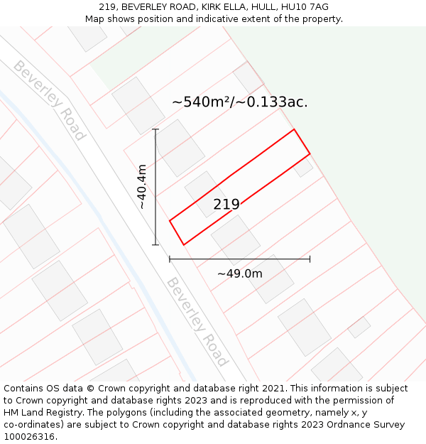 219, BEVERLEY ROAD, KIRK ELLA, HULL, HU10 7AG: Plot and title map