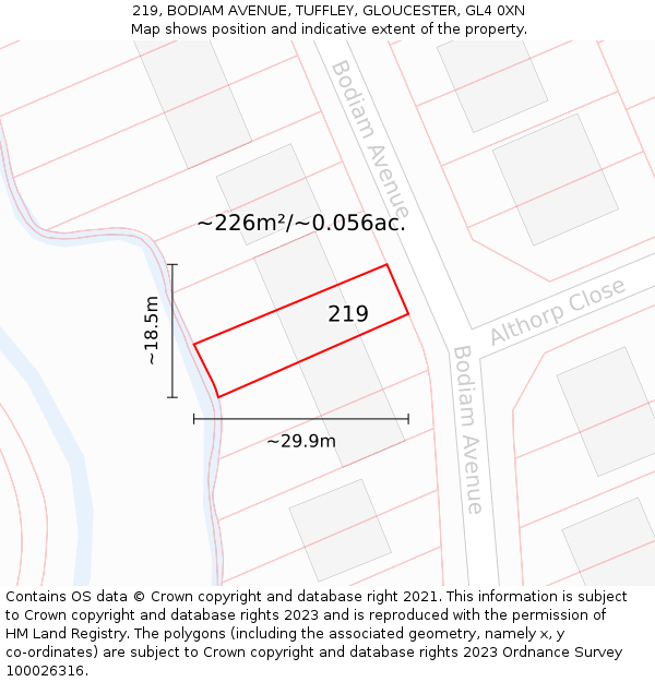 219, BODIAM AVENUE, TUFFLEY, GLOUCESTER, GL4 0XN: Plot and title map