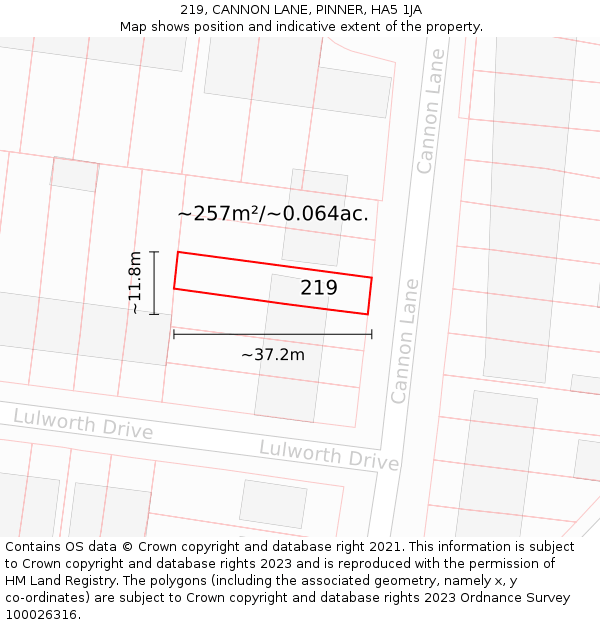 219, CANNON LANE, PINNER, HA5 1JA: Plot and title map