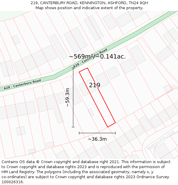 219, CANTERBURY ROAD, KENNINGTON, ASHFORD, TN24 9QH: Plot and title map