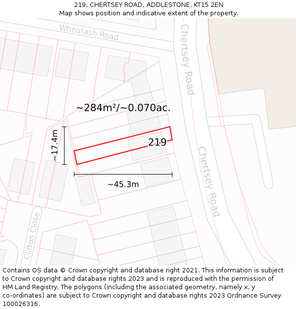 219, CHERTSEY ROAD, ADDLESTONE, KT15 2EN: Plot and title map