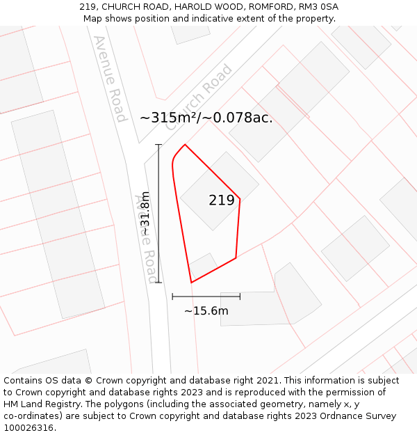 219, CHURCH ROAD, HAROLD WOOD, ROMFORD, RM3 0SA: Plot and title map