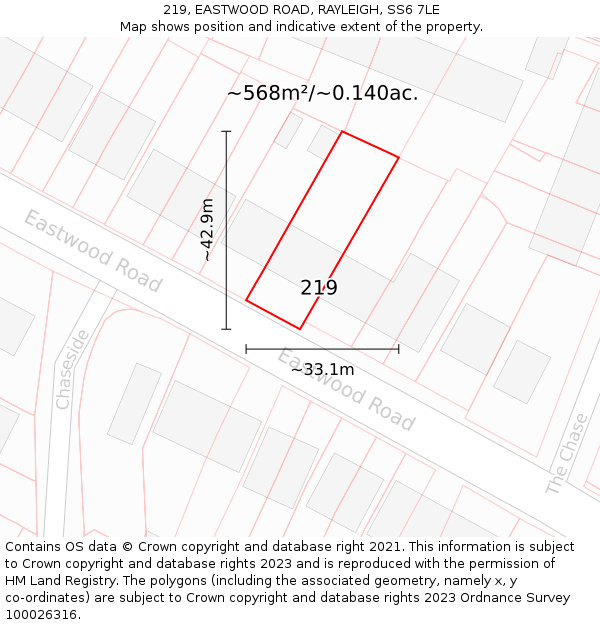 219, EASTWOOD ROAD, RAYLEIGH, SS6 7LE: Plot and title map