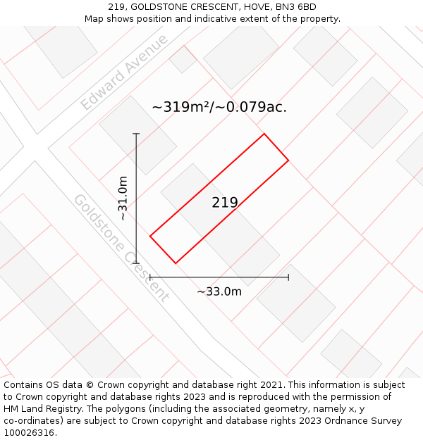 219, GOLDSTONE CRESCENT, HOVE, BN3 6BD: Plot and title map