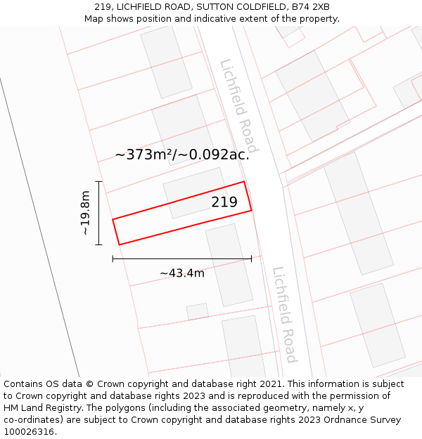 219, LICHFIELD ROAD, SUTTON COLDFIELD, B74 2XB: Plot and title map