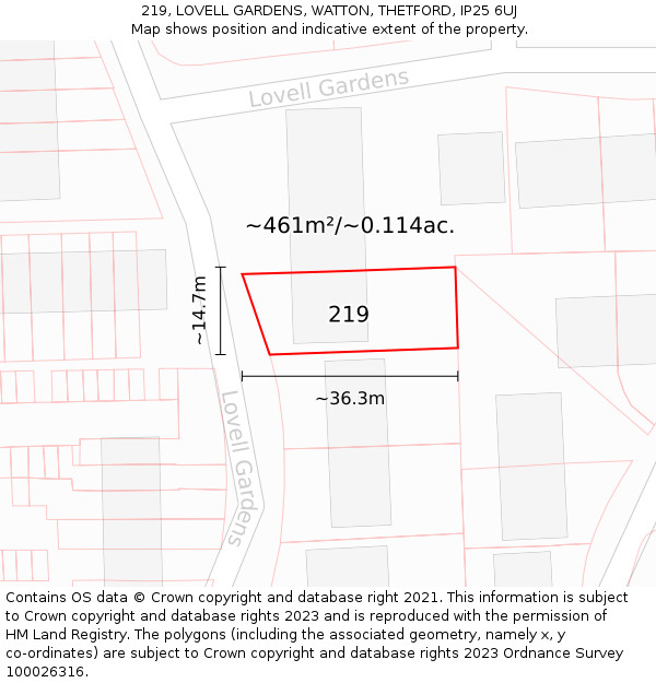 219, LOVELL GARDENS, WATTON, THETFORD, IP25 6UJ: Plot and title map