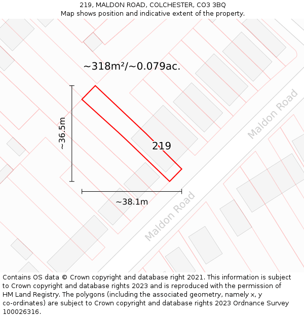 219, MALDON ROAD, COLCHESTER, CO3 3BQ: Plot and title map