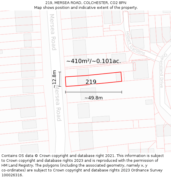 219, MERSEA ROAD, COLCHESTER, CO2 8PN: Plot and title map