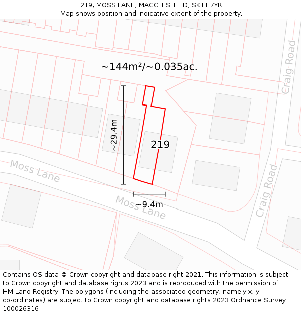 219, MOSS LANE, MACCLESFIELD, SK11 7YR: Plot and title map