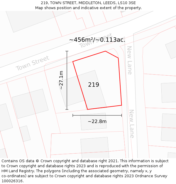 219, TOWN STREET, MIDDLETON, LEEDS, LS10 3SE: Plot and title map