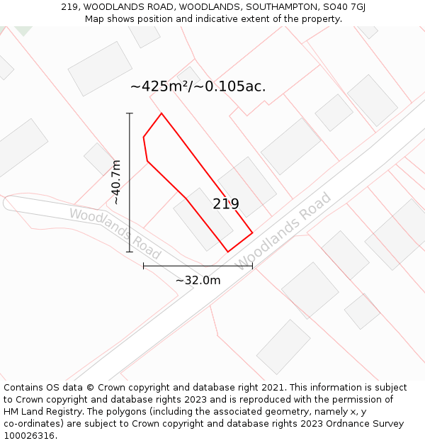 219, WOODLANDS ROAD, WOODLANDS, SOUTHAMPTON, SO40 7GJ: Plot and title map