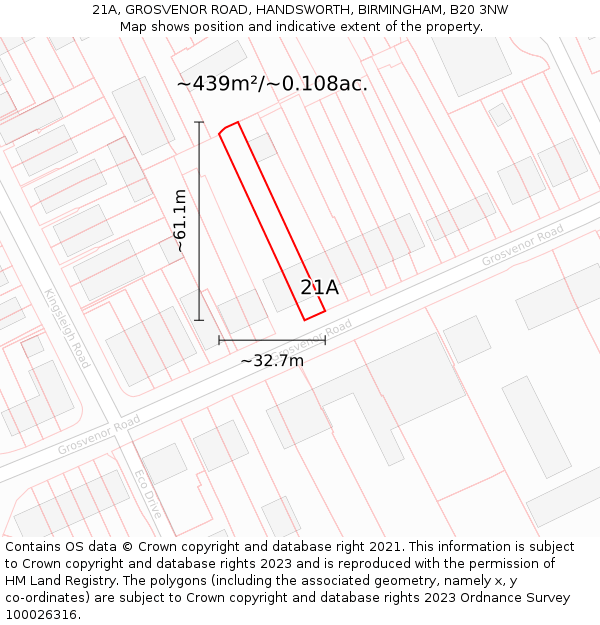 21A, GROSVENOR ROAD, HANDSWORTH, BIRMINGHAM, B20 3NW: Plot and title map