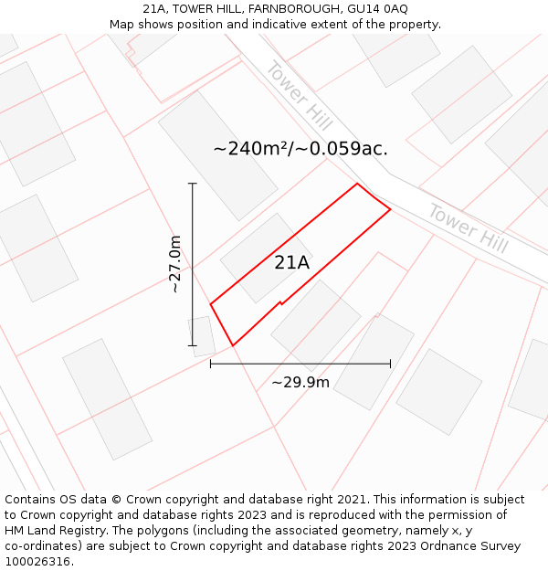 21A, TOWER HILL, FARNBOROUGH, GU14 0AQ: Plot and title map