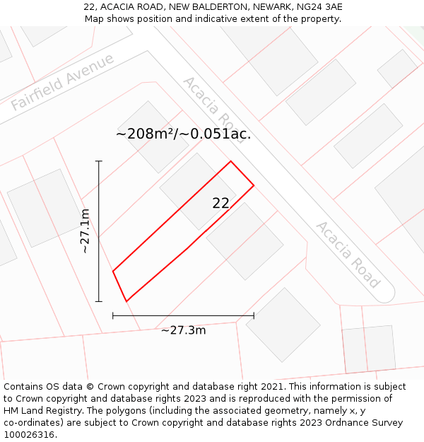 22, ACACIA ROAD, NEW BALDERTON, NEWARK, NG24 3AE: Plot and title map