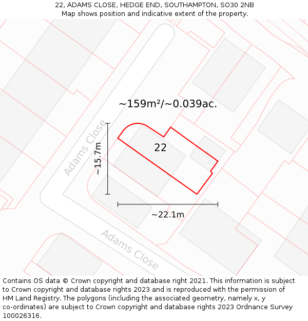 22, ADAMS CLOSE, HEDGE END, SOUTHAMPTON, SO30 2NB: Plot and title map