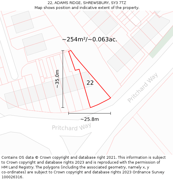 22, ADAMS RIDGE, SHREWSBURY, SY3 7TZ: Plot and title map