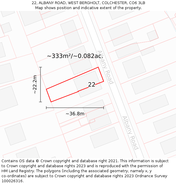 22, ALBANY ROAD, WEST BERGHOLT, COLCHESTER, CO6 3LB: Plot and title map